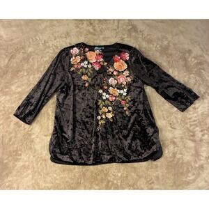 Womens Tunic Top L Brown Velvet Floral Embroidery Whimsigoth Fairycore Witchy